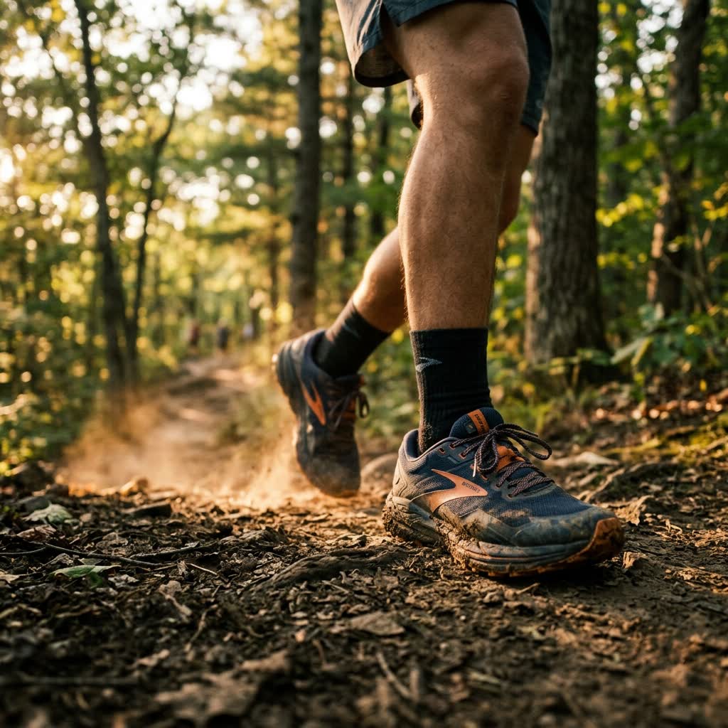 Chaussures de marche sur un sentier en forêt